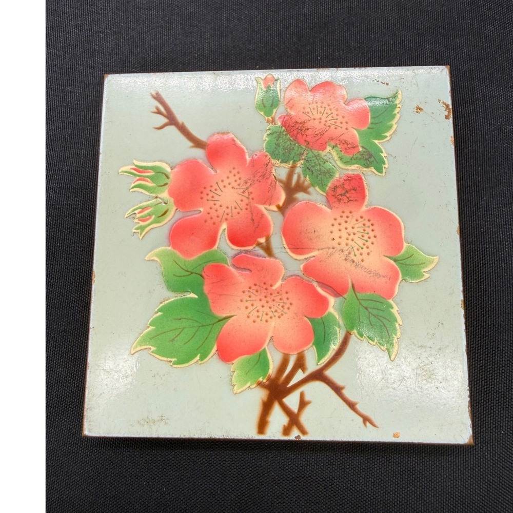 Vintage Square Floral Enamel Makeup Compact Mint Green Pink Flowers Gold Tone